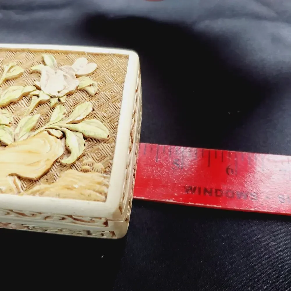 Vintage Ivory Cinnabar Floral Carved Trinket/Jewelry Box & Lid Purple Rose MCM